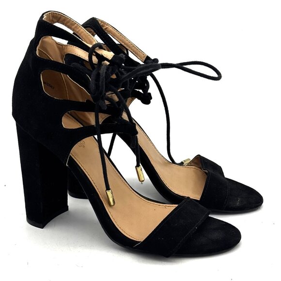 Charlotte Russe Sienna Black Lace Up Suede Heels Sandals Dress Evening Party 6 - Picture 1 of 8